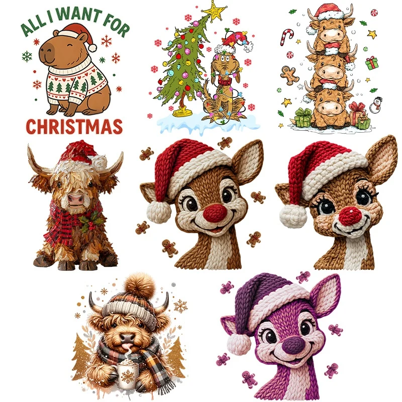 

Elk Cow Capybara Iron On Transfers For Girl Boy T-Shirt Diy New Stickers Christmas Heat Transfer Dtf Patches Decals