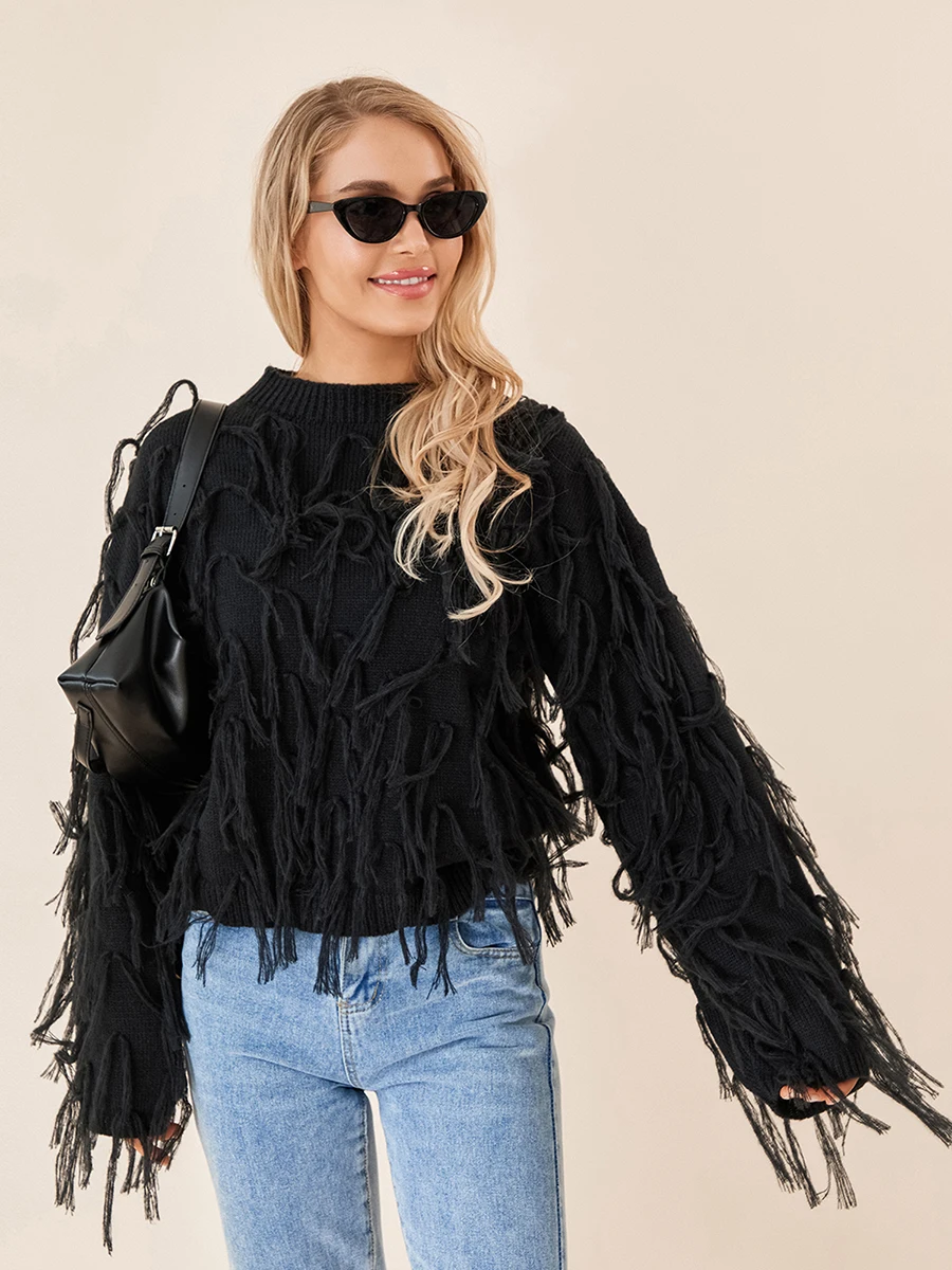 

Womens Knit Sweater Long Sleeve Pullover Tops Crew Neck Tasseled Fringe Jumper Crochet Blouse Outwear