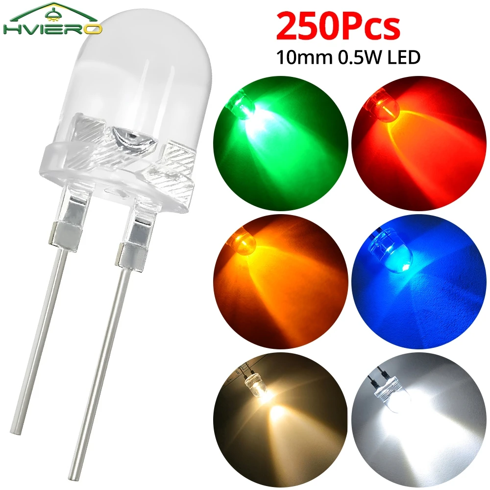 

250Pcs 10mm White Green Blue Yellow Diode Led Lights Round 0.5W water clear LED Lamp Bead Light-emitting Diodes Decoration Bulb
