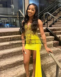 Yellow Sheer Diamond Prom Dresses Black Girls Sexy Homecoming Party Gala Dresses African Mini Short Birthday Cocktail Gowns