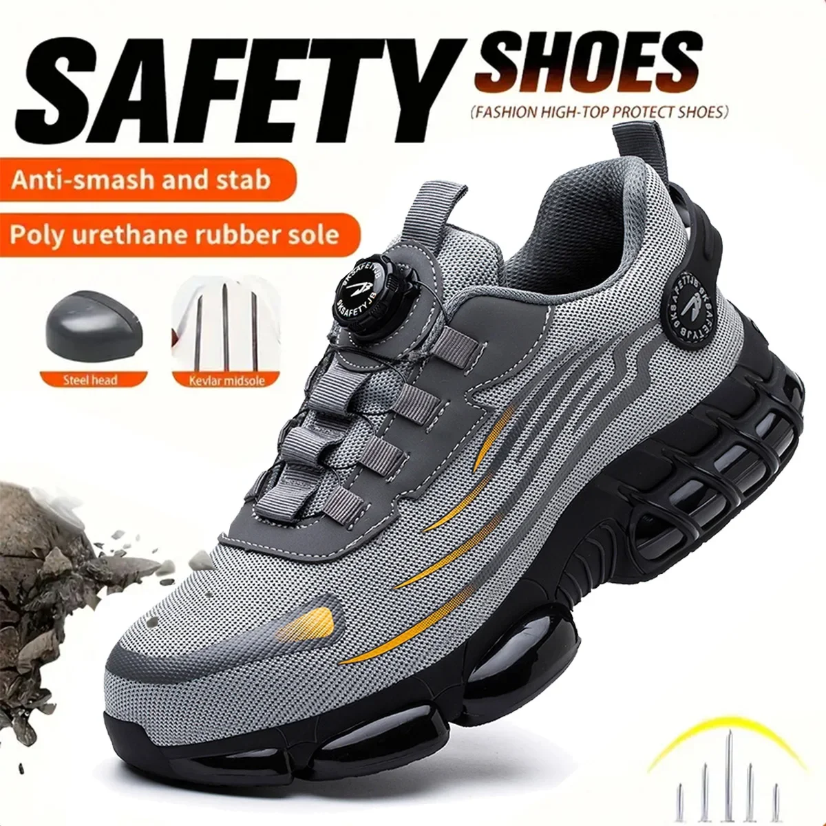 

Good quality Anti-slip Safety Shoes Anti-smash Men Steel Toe Sneaker Puncture Proof Rotary Button Safety Boots Man Work Shoes