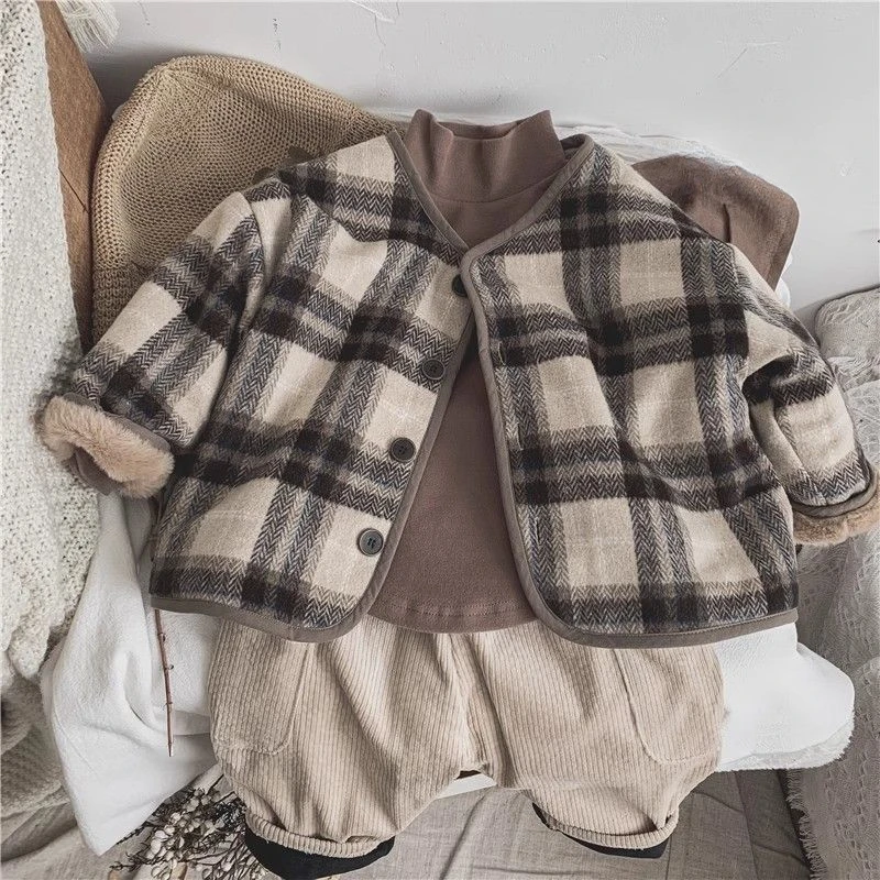 2024 Autumn and Winter New Children\'s Woolen Plaid Loose Jacket