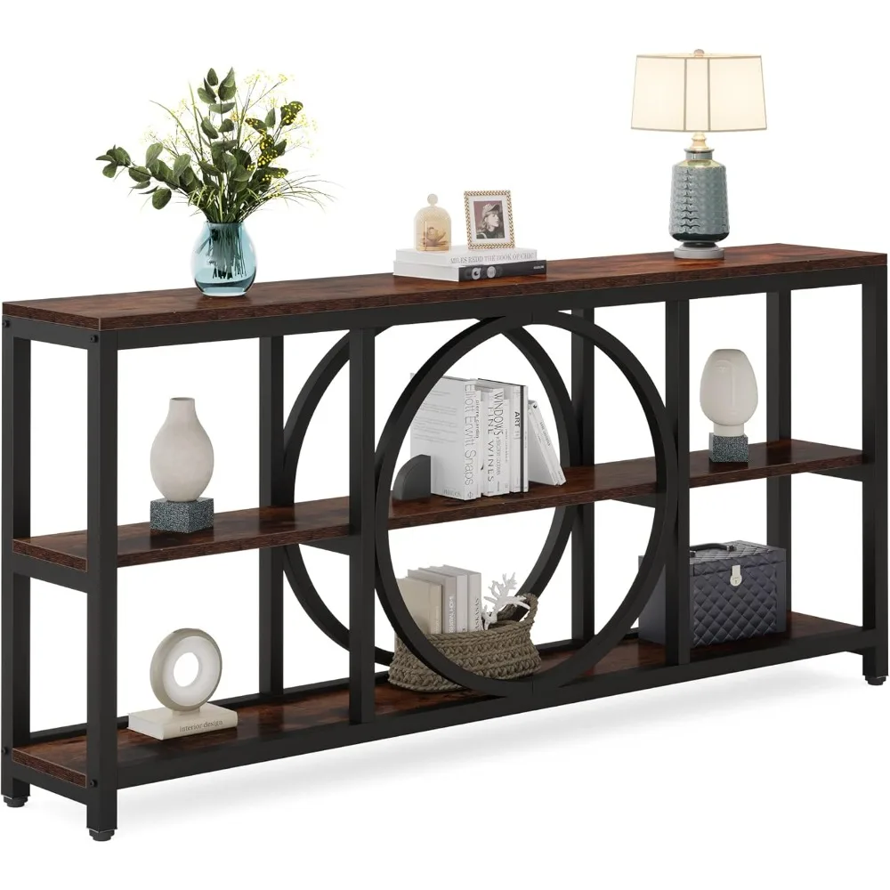

extra long 70.9 inch console table with 3-tier wood shelves and industrial metal frame for entryway storage