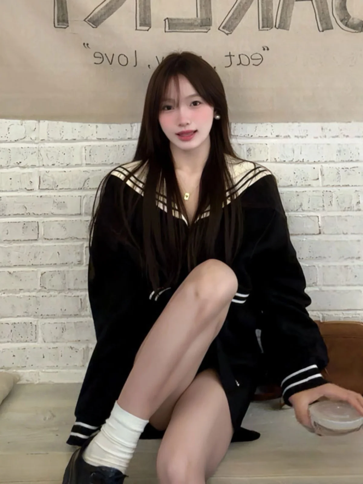 

College Sle Navy Collar Sweater And Skirt Set Korean Faion Spring Ready Two Piece Ensemble Long Sve V Ne Cotton Blend