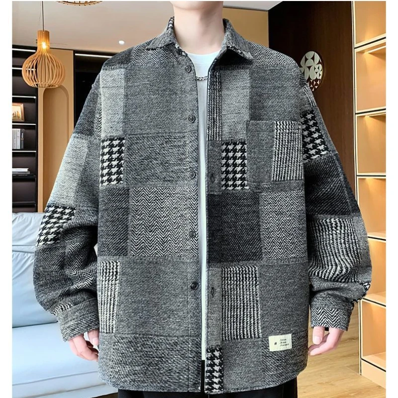 Men's Autumn Spring Top Coat Shirt Plaid Retro Simple Comfortable Loose Casual Design Fashion Advanced Niche Versatile Skinny