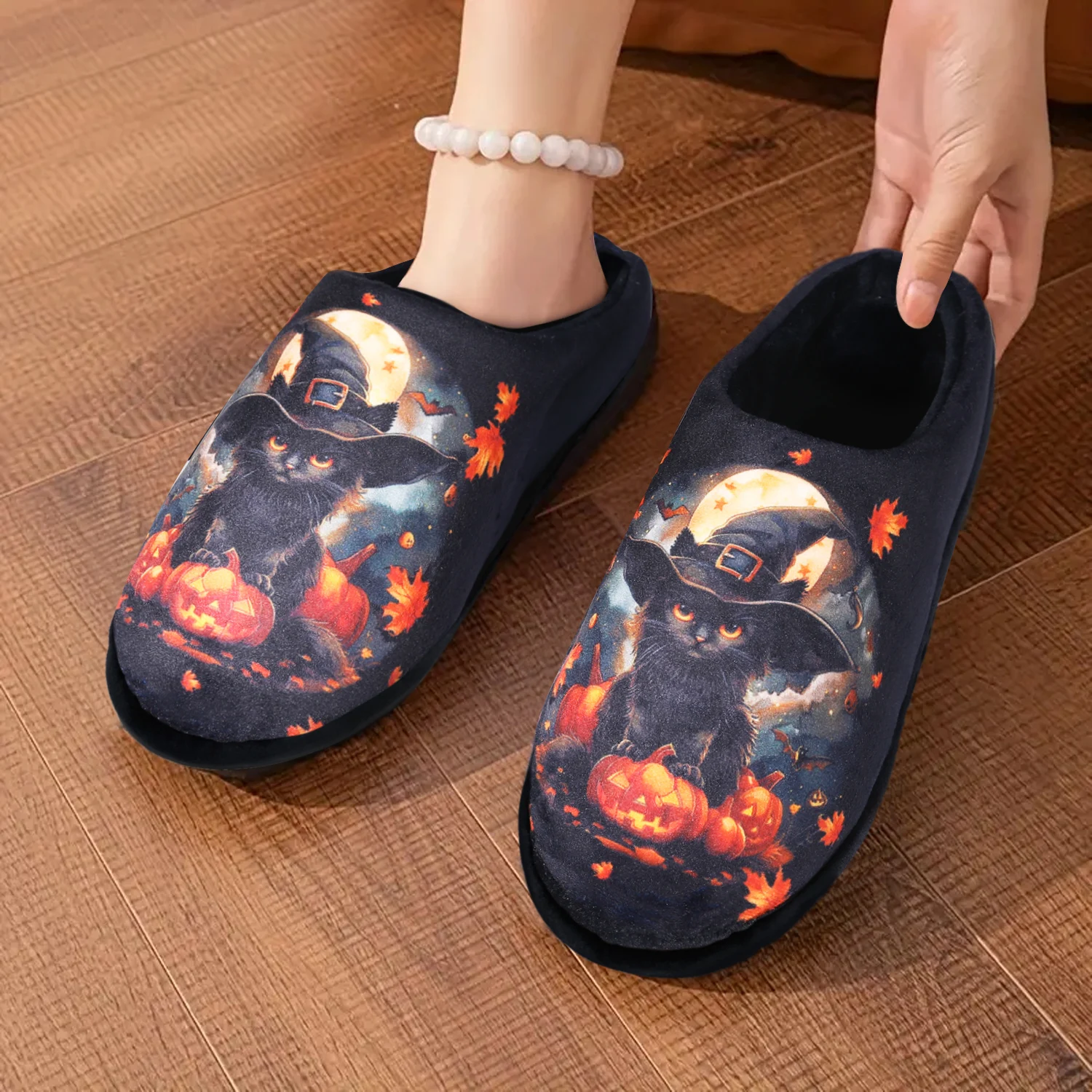 

Halloween Pumpkin & Cat Slippers, Plush Cozy Indoor Womens Slippers, Soft Bedroom Slip On Shoes, Non-slip Rubber Sole, Halloween