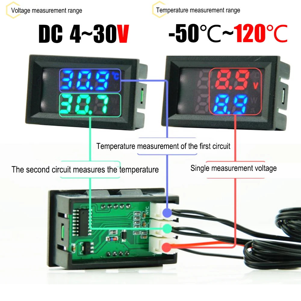 Voltímetro Digital Dual Display Medidor de Temperatura Testador de Tensão Sensor de Temperatura 1m Ntc Sonda 10k Detector de Temp dc 430v