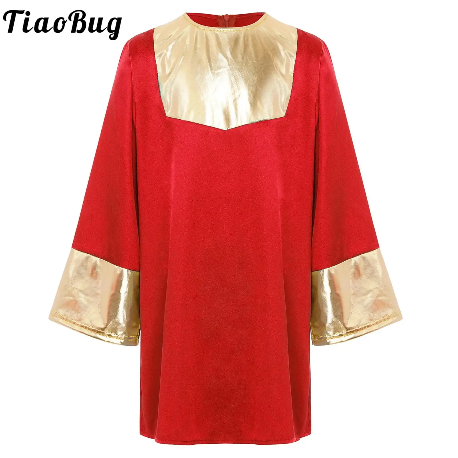 

Kids Boys Worship Praise Dance Top Round Neck Long Sleeve Back Invisible Zipper Metallic Color Block Patchwork Robe