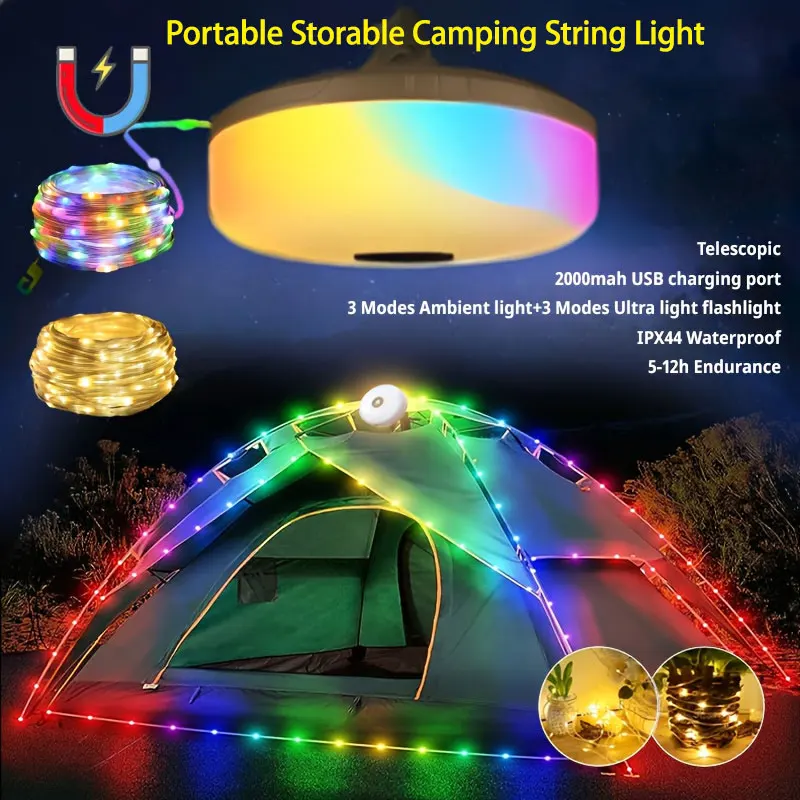 Storable 10M Color RGB String Portable Camping Light Lanterns Type-C Charging Wedding Christmas Party Decor Tent LED String Lamp