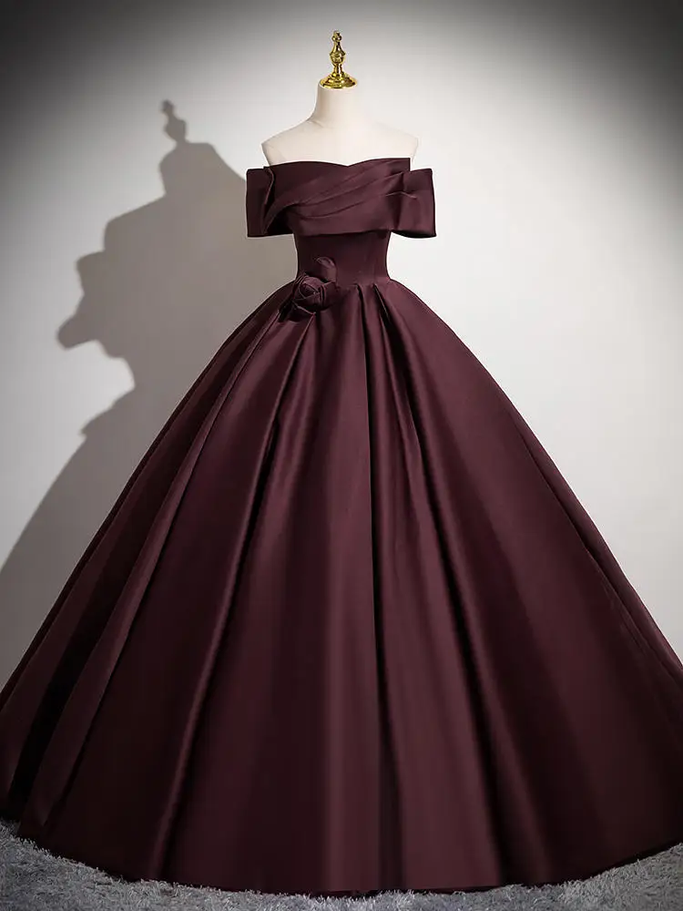 

Elegant Real Picture Dark Wine Red Prom Dresses For Women Off Shoulder Satin Party Prom Cocktail Ball Quinceanera Evening Gown