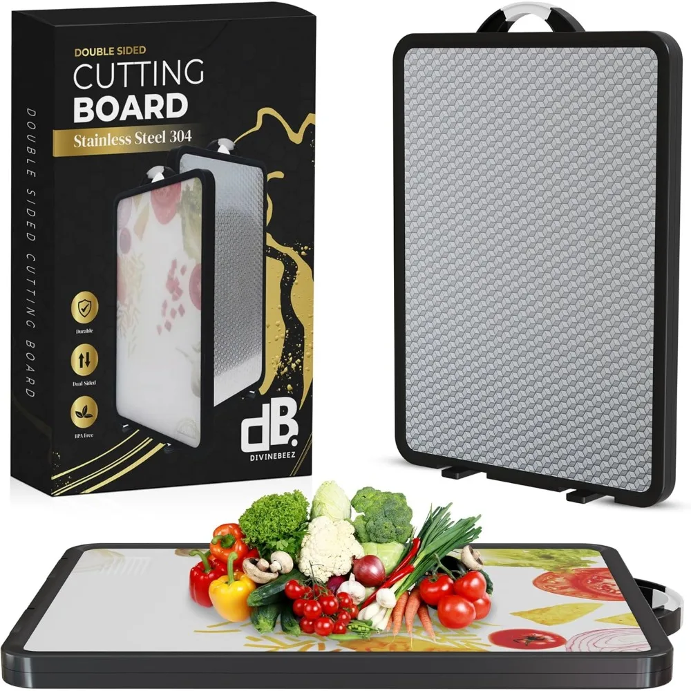 

Разделочная доска из нержавеющей стали для кухни, двухсторонняя нержавеющая сталь и пшеничная солома, полипропилен, нескользящая с канавкой для сока, защита от царапин