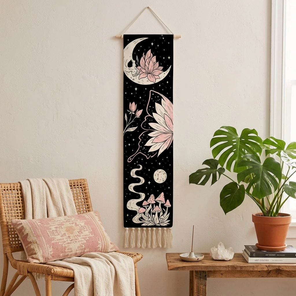 Bohemian Pink Print Fringe Wall Hanging Tapestry for Living Room Bedroom Decoration