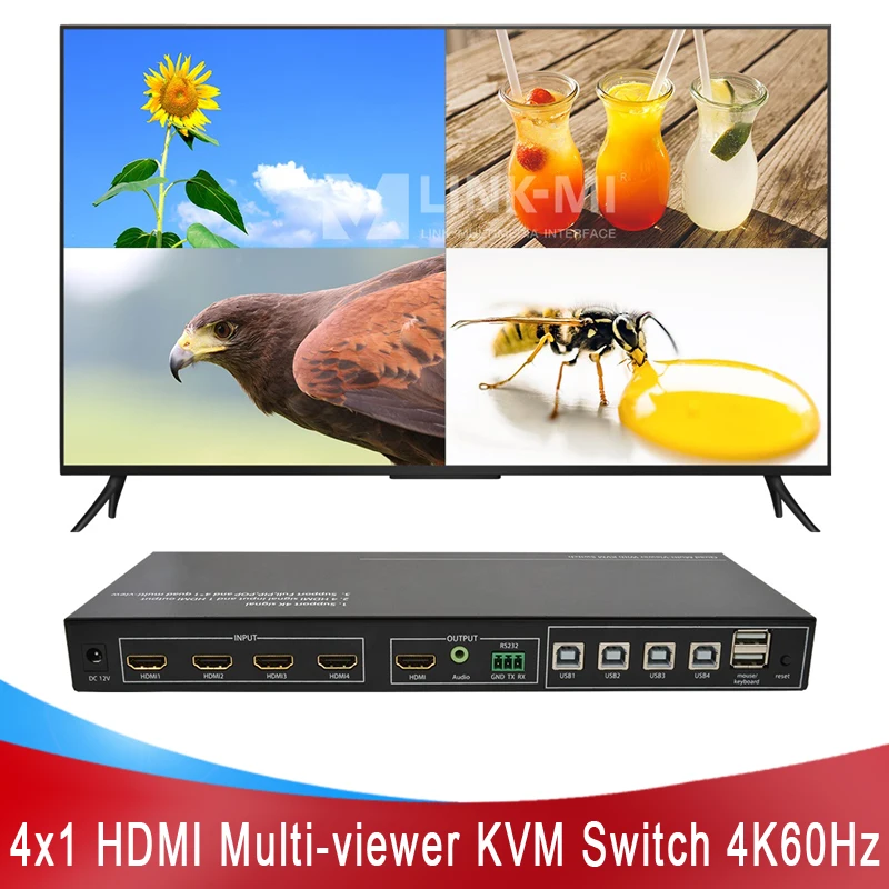 

LINK-MI 4x1 HDMI Multi-viewer KVM Switch Support 4K@60Hz with USB, Audio, 4 IN 1 OUT Seamless Switcher