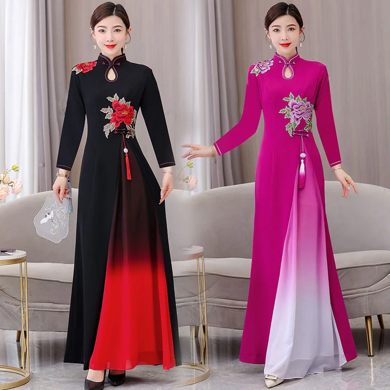 

2023 Autumn Women's Audrey cheongsam Long sleeved High end Stage Advanced Sense Etiquette Walk Show Long Choir Performance Dress