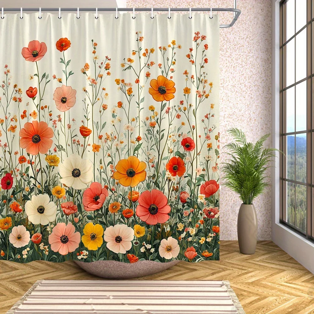 ~O~1pc Lush Flower Field Shower Curtain - Red Poppies & Peonies, Soft Beige Background, Polyester, 70x70
