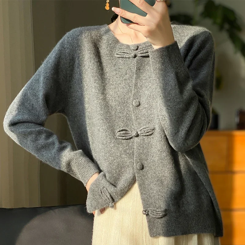 

Women New Fashion Autumn Winter Wool Sweater O-neck Chinese Style Buckle Cardigan Soft Knitwear Female Clothing Tops U390