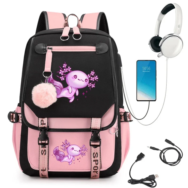 

Usb Charging Pink Axolotl Cartoon Back To School Backpack Bags Anime Bookbag Schoolbag