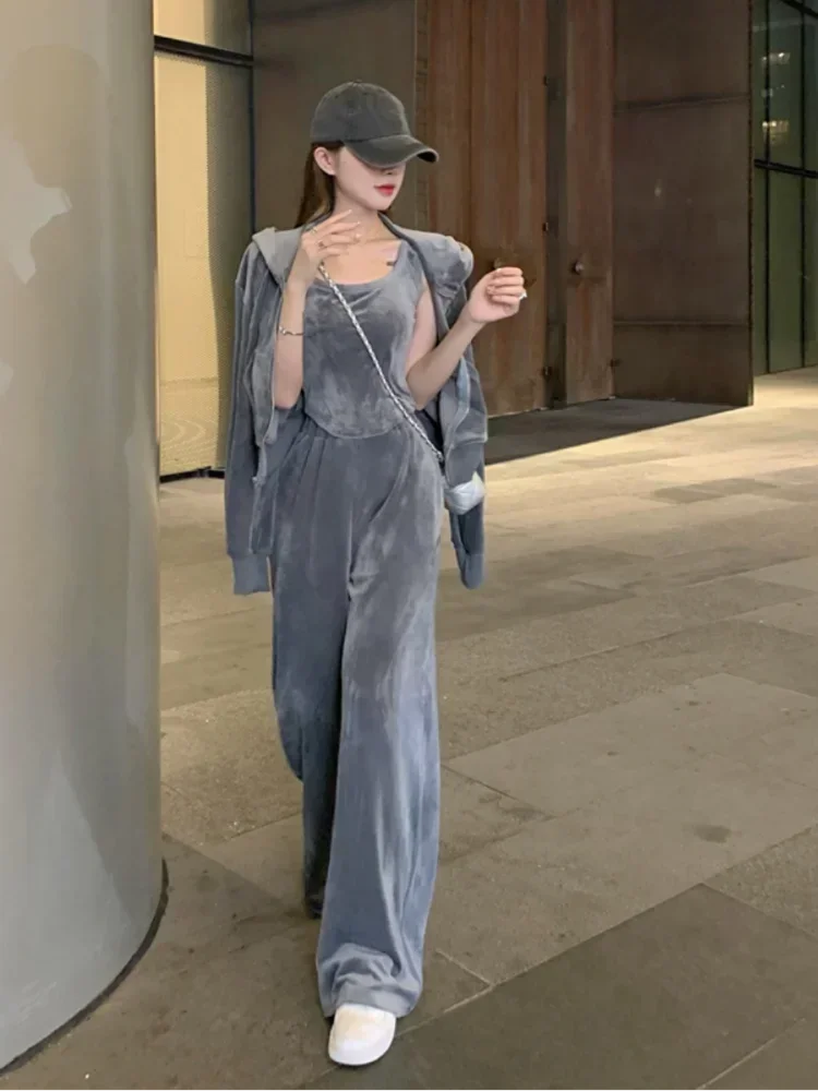 Fashion Velvet Hooded Sweater Tank Top Sports Pants Three Piece Set Women Korean Soft Casual Solid Loose Gray Sweatershirt Suit