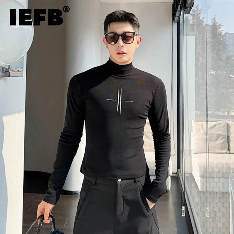 IEFB Elastic Close-fitting Men's Printing Long Sleeve T-shirts Korean Fashion Male Niche Design Mock Neck 2023 Spring New 9C3706