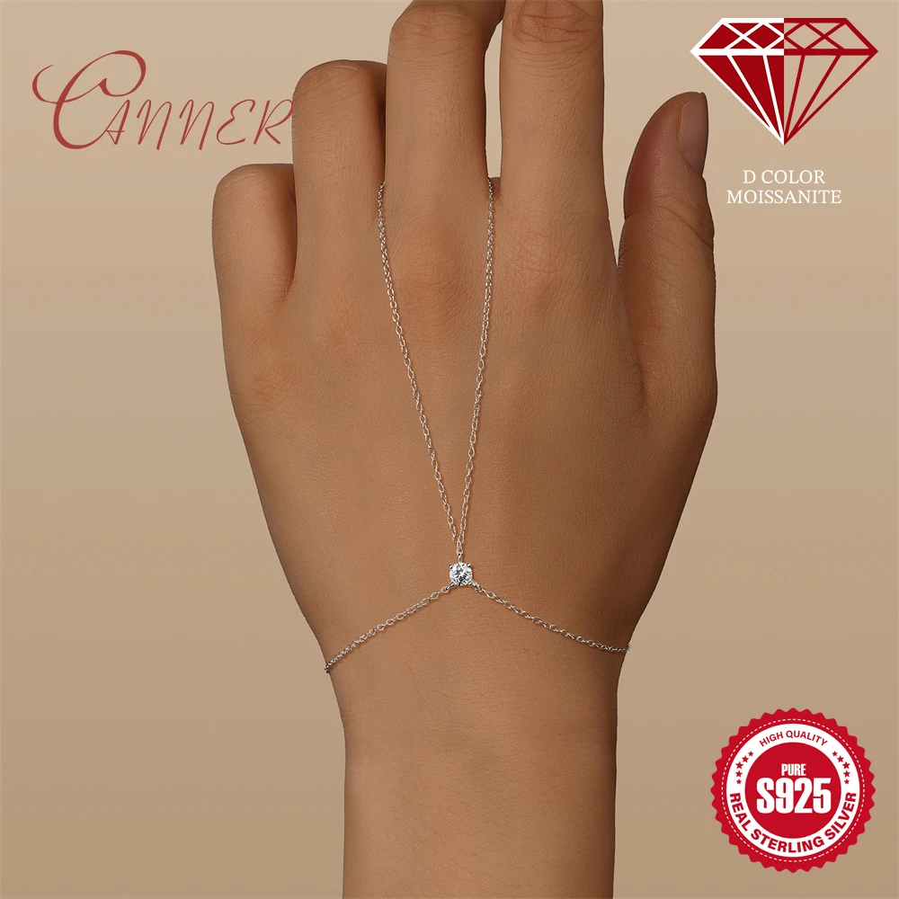 CANNER 925 Silver Shiny Round Moissanite Finger Bracelets For Women White Gold Retro Multi-Layer Layering Party Jewelry Gift