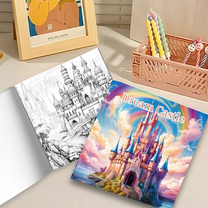 Dream Castle Coloring Book Fairy Tale Castle Rainbow Cloud Pink Sky Star Stress Relief Drawing Book