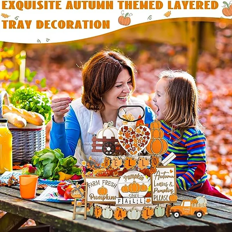 Fall Tiered Tray Decor Set Thanksgiving Pumpkin Maple Leaf Truck Rustic Farmhouse Wooden Set For Home Christmas Decorations