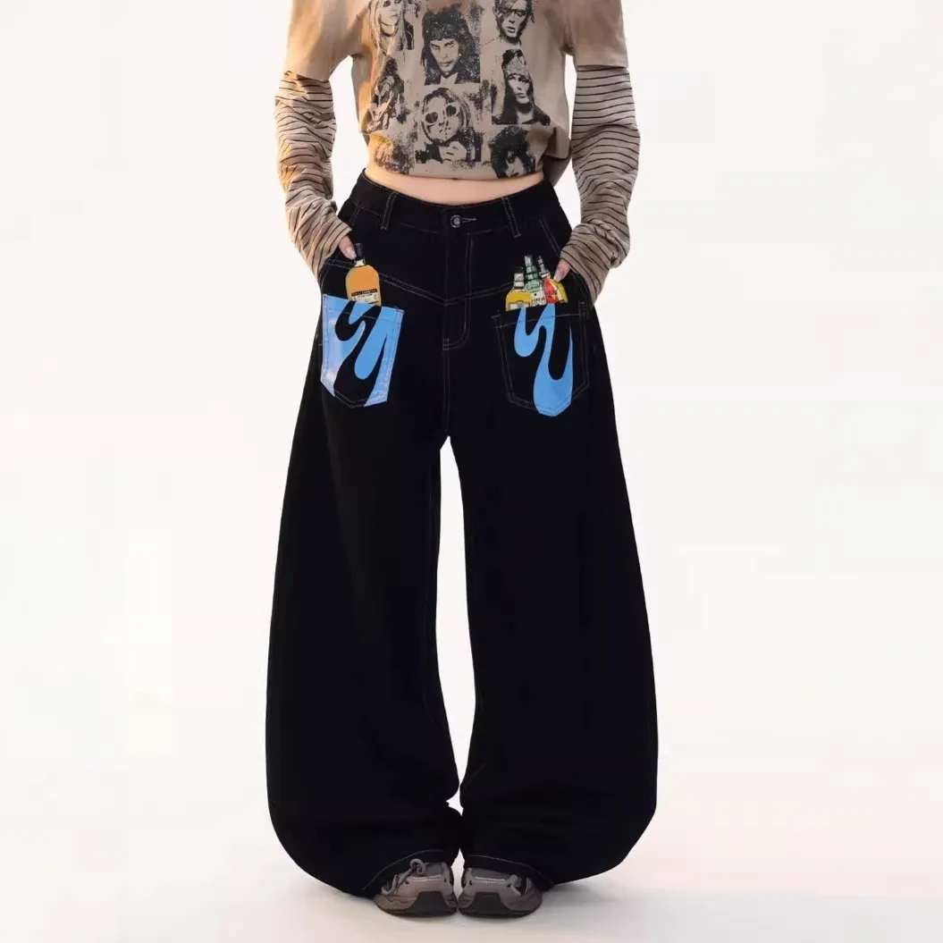 

Модные джинсы с ретро-принтом, свободные прямые брюки с широкими штанинами, длинные женские джинсовые брюки прямого кроя с естественной талией