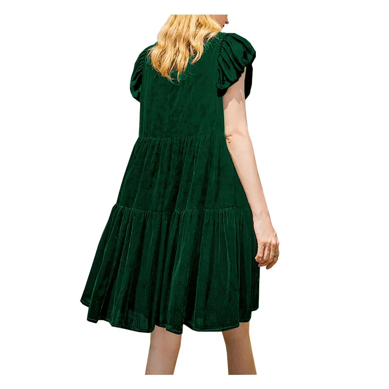 Mulberry Silk Velvet Spring and Summer Women's Bubble Sleeve Short Dress Dark Green Soft Light Luxury Clothing