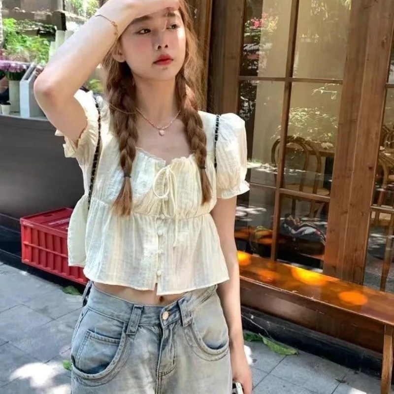 Lace Shirts and Blouses Korea Summer Elegant and Youth Woman Blouses Square Collar Top Short Sleeve Puff Ruffles Clothes 2024