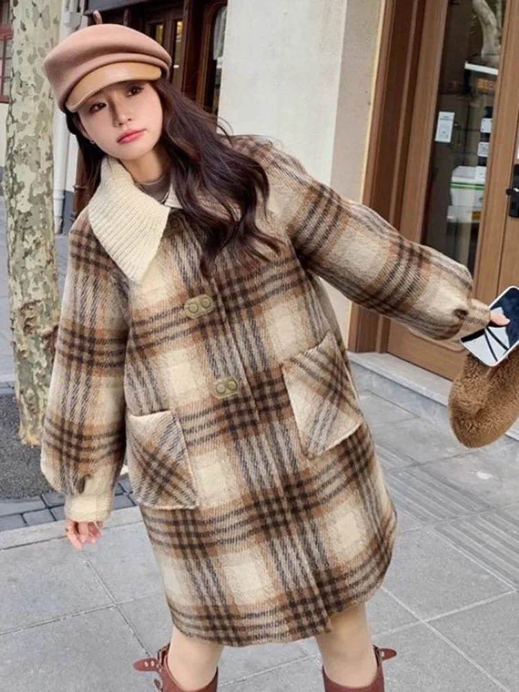 Women Plaid Design Woolen Thicken Jackets Winter Warm Cotton Padded Lined Single Breasted Abrigos Casual Long Sleeve Loose Coats