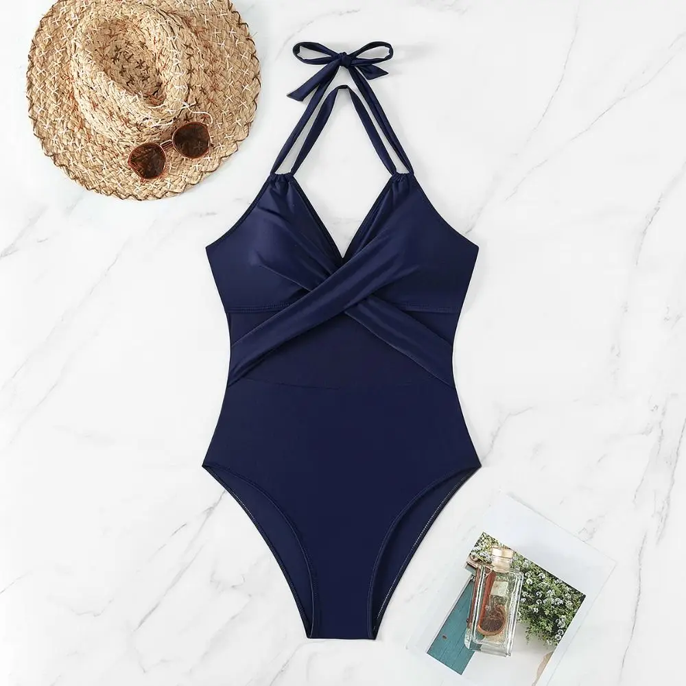 

Solid Color Women One Piece Swimsuit Halter Strap Self-tie Tummy Control Swimwear V Neck Slimming Push Up Bathing Suit Beach