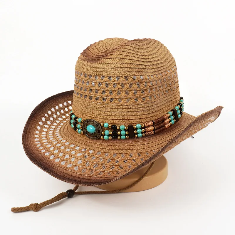 Hollow-out straw , Western cowboy , turquoise with ethnic-style embellishments, vintage jazz hat