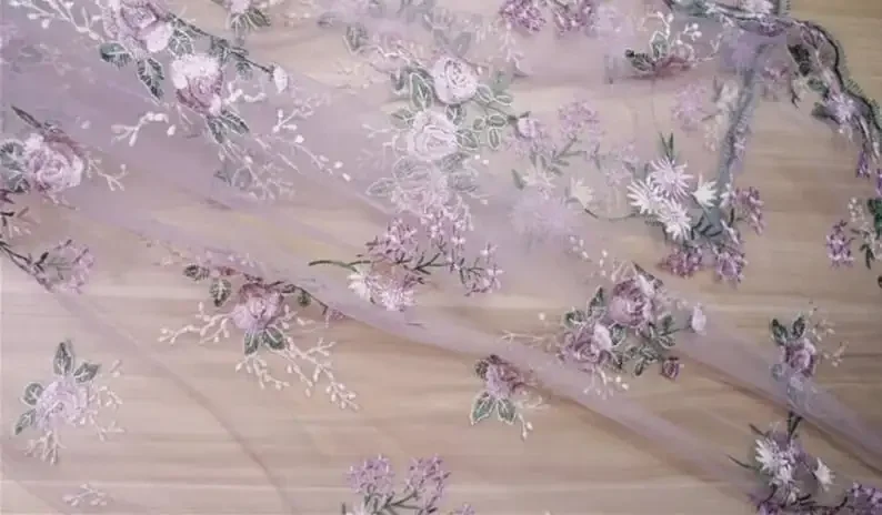 Romantic light purple flowers embroidery Lace Fabric flower Soft Tulle Fabric For Girl Dress Tutu Dress Wedding Dress