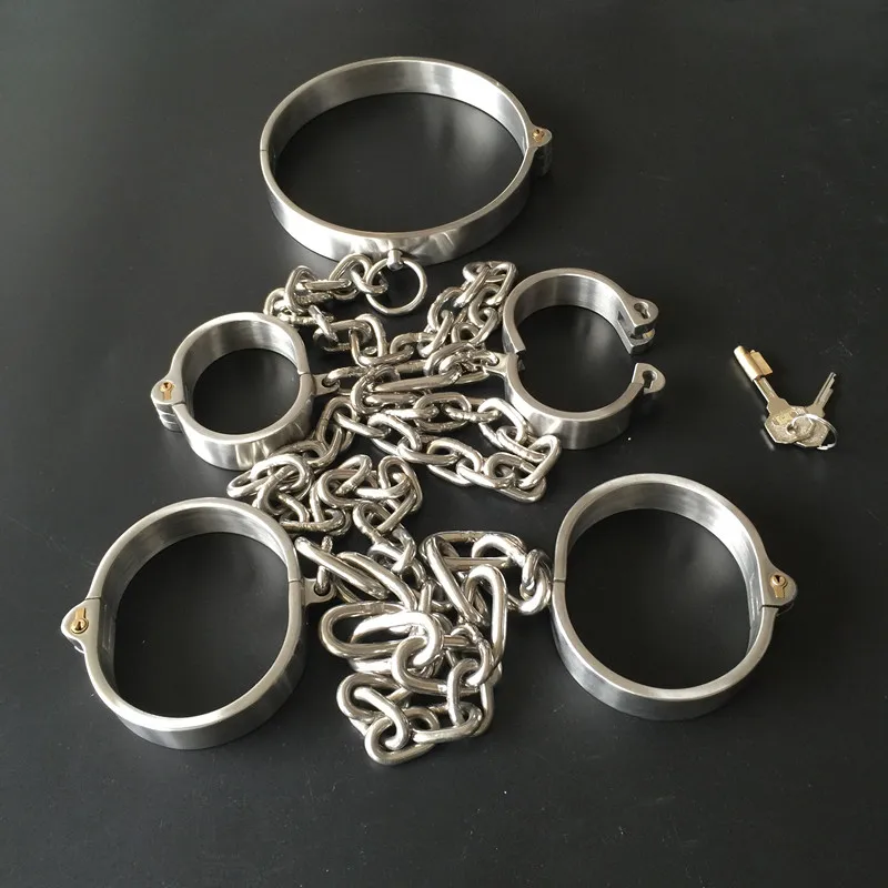 BDSM Stainless steel oval type bondage kit collar+handcuffs+Ankle cuffs with chain slave fetish harness sex toys adult games