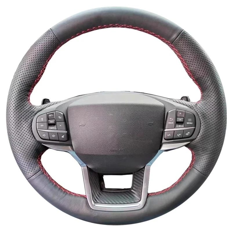 Hand-Stitched Non-Slip Black Perforations Genuine Leather Car Steering Wheel Cover For Ford Explorer 2020-2023
