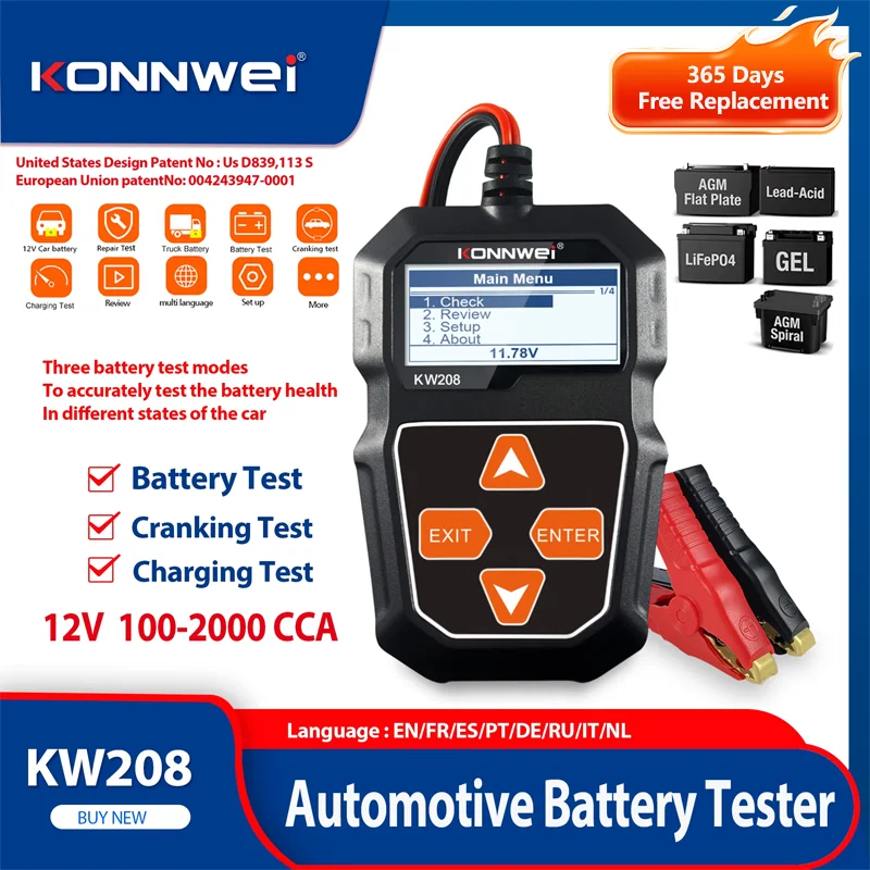 2026 KONNWEI KW208 12V Car Battery Tester Automatic Smart Auto Battery Analyzer 100 To 2000CCA Cranking Car Battery Tester Tool