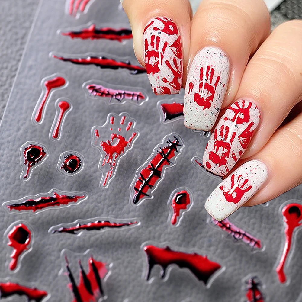 

5D Bloody Hand Halloween Nail Art Stickers Scarlet Palm Print Sutured Wounds Bleeding Eyes Relief Nail Decal Horror Nail Sliders