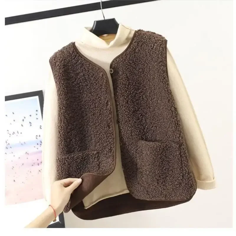 New Spring Autumn Women Button Waistcoat Lamb Hair Winter Thermal Warm Thick Fleece Vests Sleeveless Jacket Ladies Coats