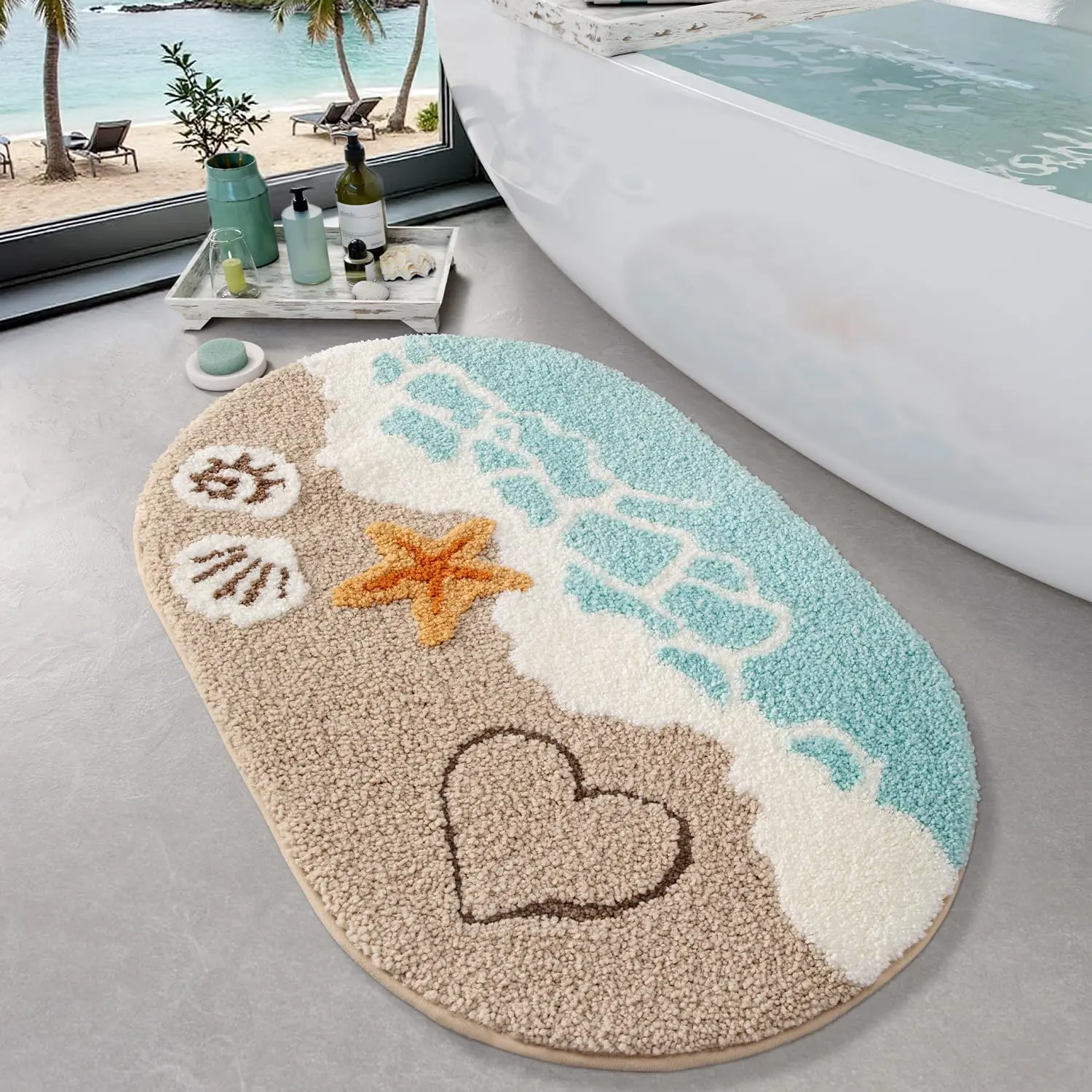 

Soft Absorbent Non-Slip Bathroom Rug, Ideal for Kitchen Entryway Decor, Sea Starfish Shell Design, Azure Blue, 22x34 Inches
