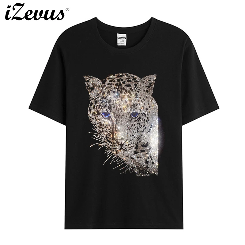 New shiny hot drill silver leopard T-shirt high quality ice silk cotton men's summer short-sleeved casual T-shirt