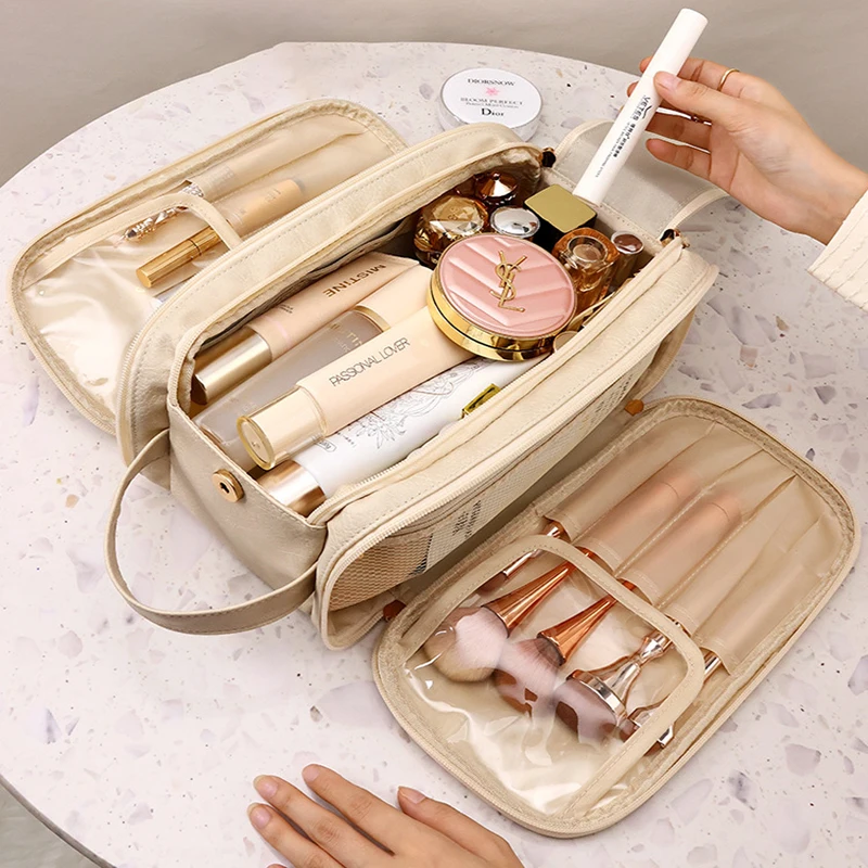 

Multifunctional Travel Makeup Bag Large Capacity Waterproof PU Leather Makeup Bag Portable Double Zipper Toiletries Storage Bag