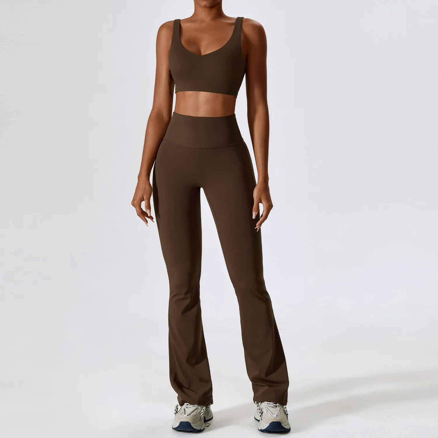 Gym Yoga Suit 2PCS Tight Fitting Sports Set Workout Breathable T Shirts Bra Tank Top Loose Bell-bottoms Leggings Women Tracksui image 4