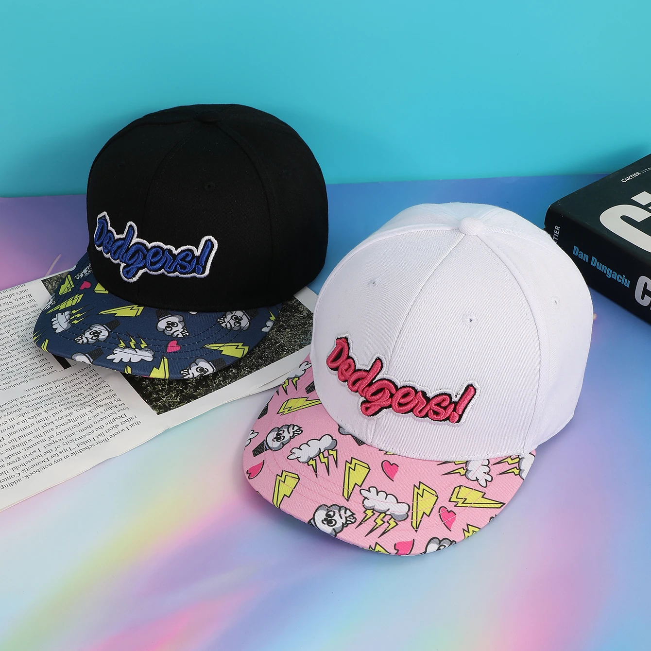 Korean embroidery alphabet print lightning flat brimmed hip hop hat street performance wide brimmed shade hard top cap