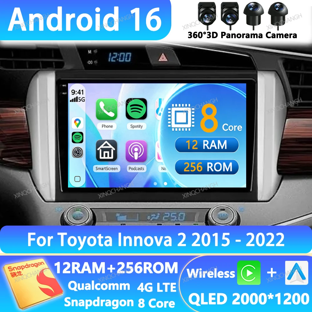 Android 16 Car Radio For Toyota Innova 2 2015 - 2022 Qualcomm Head Unit QLED GPS Navigation BT Multimedia Video Player 4G WIFI