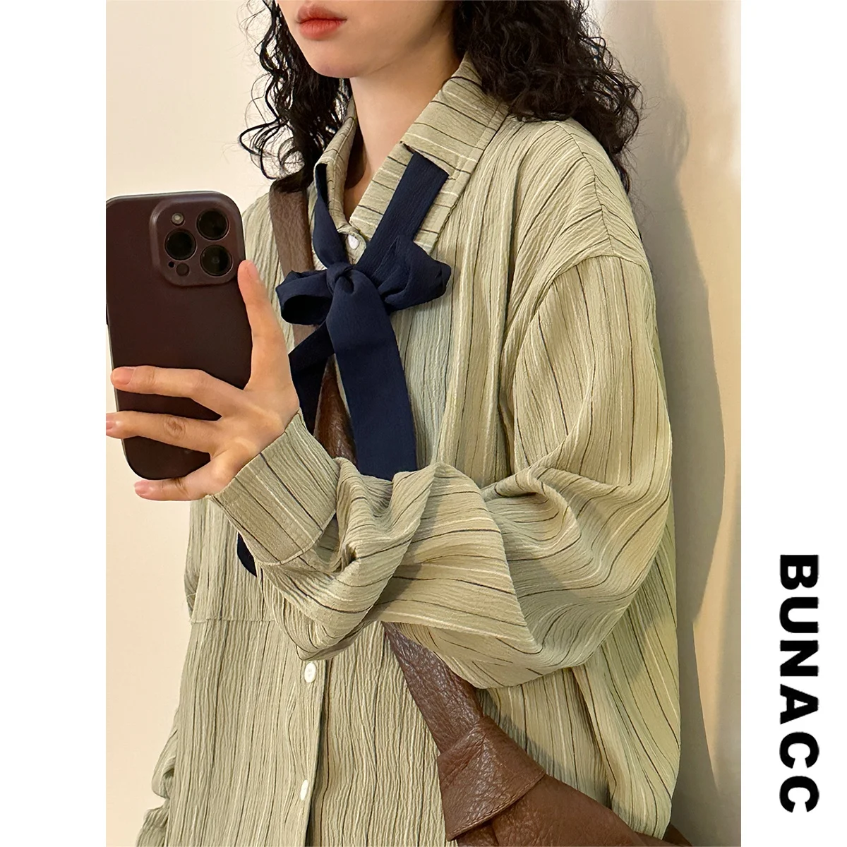 

BUNACC Early Autumn American Retro Striped Color Blo Tie Design Casual Long Sve irt Women's Loose Fit Ne Top