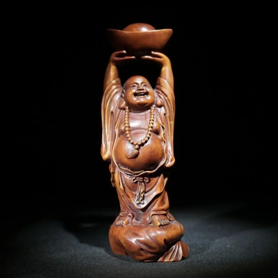 Hand Carved Wood Maitreya Hold Ingot Statue Figurine Home Desktop Ornament Craft Gift
