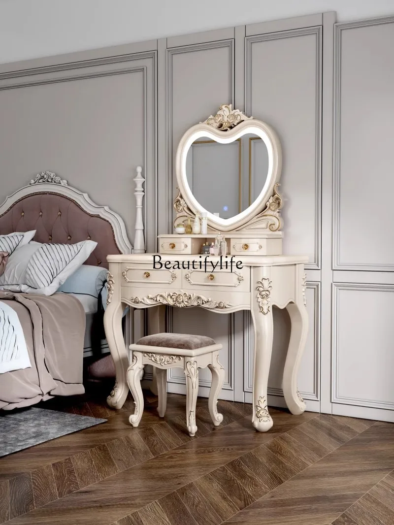 

European Style Dressing Table Bedroom Luxury French Solid Wood Small Apartment Makeup Mirror Integrated