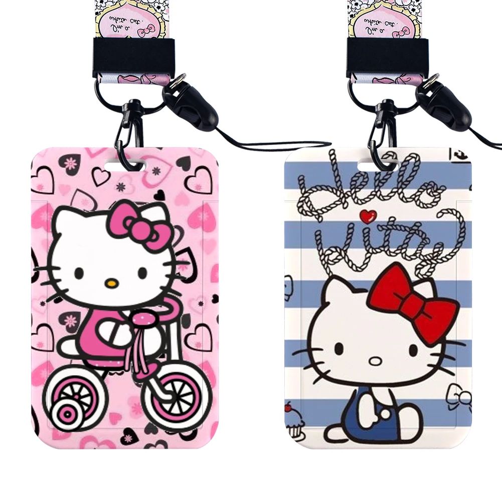 Portatarjetas de Hello Kitty, funda protectora de PVC para documentos, cordón de identificación para el Campus de estudiantes, cuerda colgante para el cuello, antipérdida