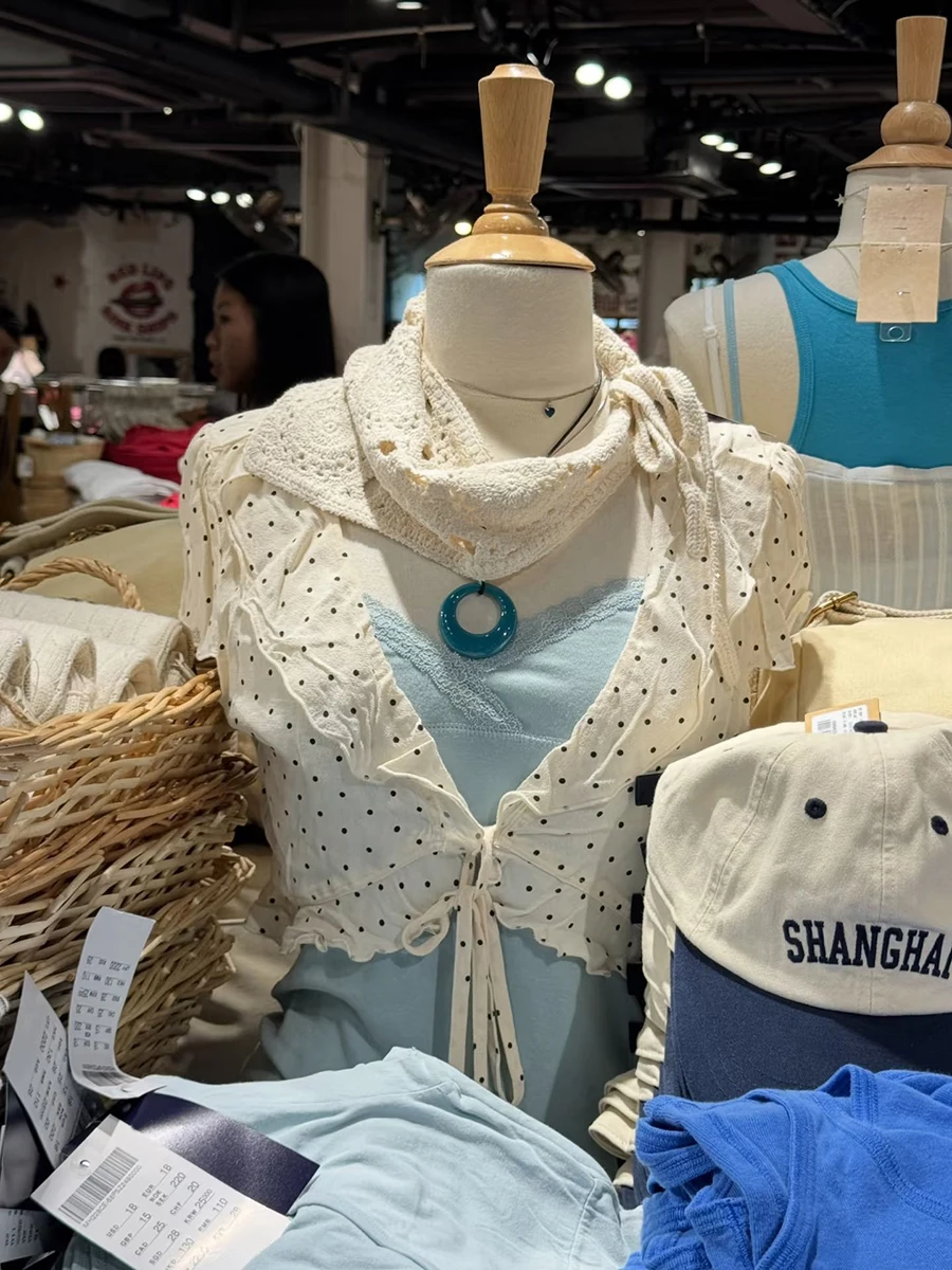 Polka Dot Ruffles Beige Crop Top Woman Summer Short Sleeve Lace-up V-neck Cropped Smock Female Sweet Cute Preppy Style T-shirts
