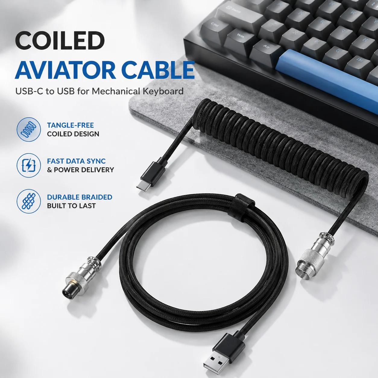 Coiled Aviator Cable for Mechanical Keyboard, Spiral Spring USB Type-C to USB Cable, Stretchable Braided Data Sync Power Wire,